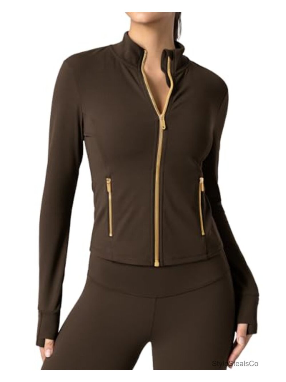 Women's Workout Jacket with Golden Zipper, Pockets, Thumbholes